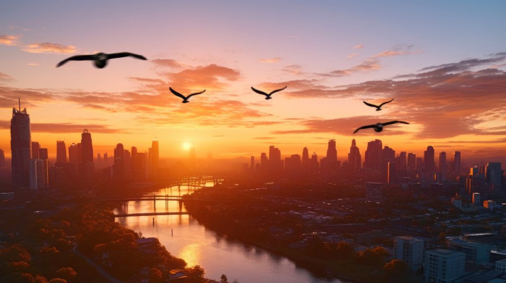 birds flying through city